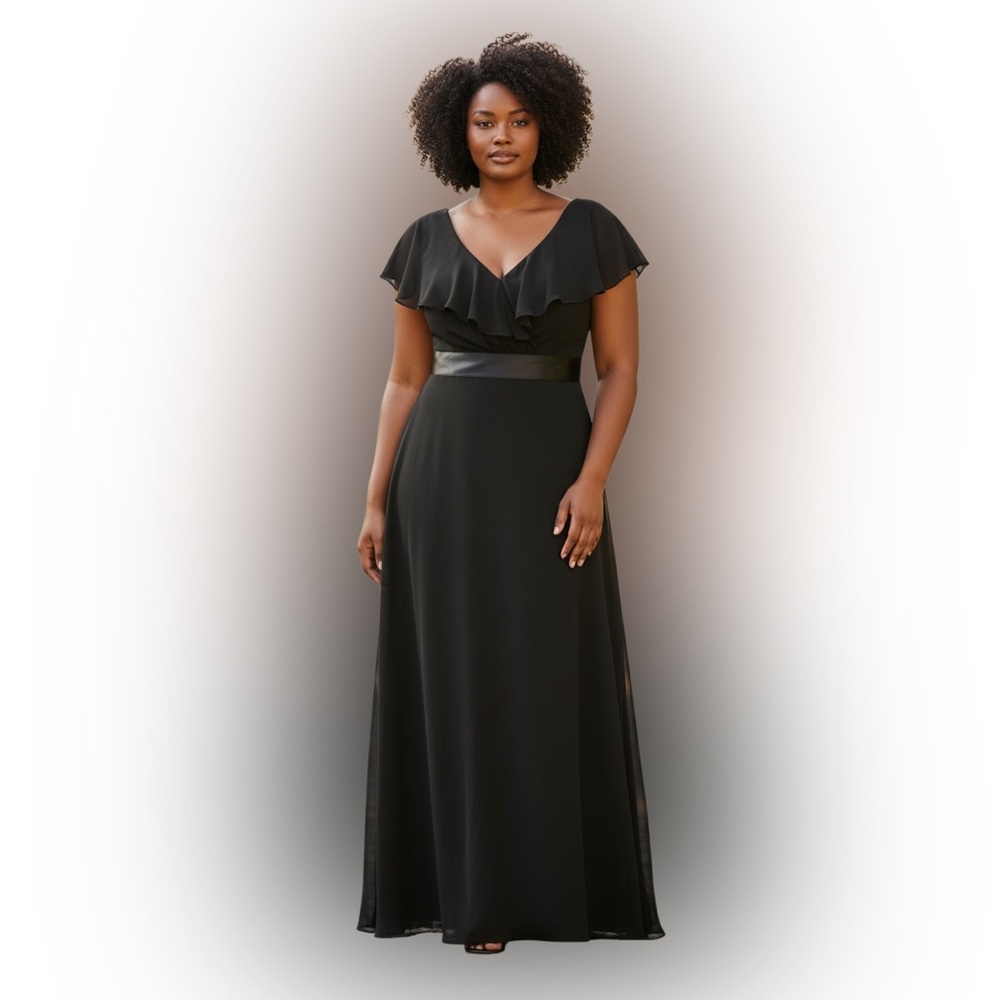 East 5th Black Ruffle V-Neck Satin Waist Maxi Dress Size 20W